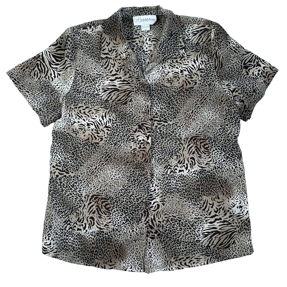 Nygard Collection Vintage Sheer Animal Print Blouse Womens 14 Brown Short Sleeve